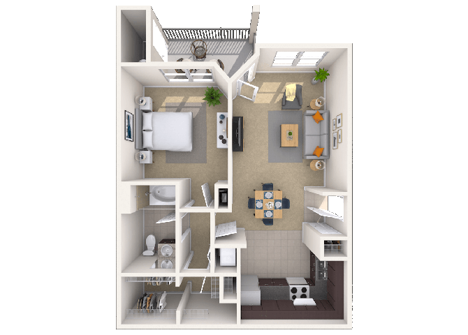 Floor plan for 1 bed, 1 bath, 768 sqft