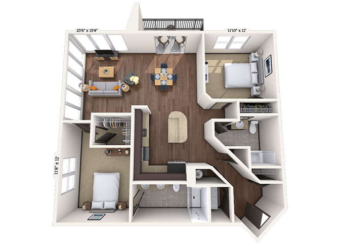 Floor plan for 2 beds, 2 baths, 1160 sqft