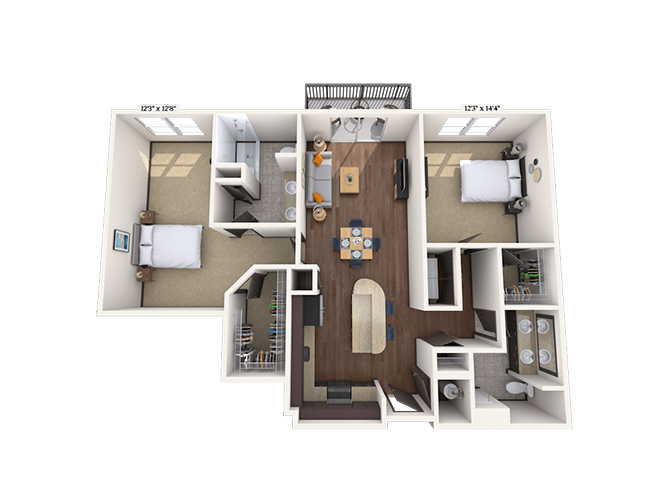 Floor plan for 2 beds, 2 baths, 1229 sqft
