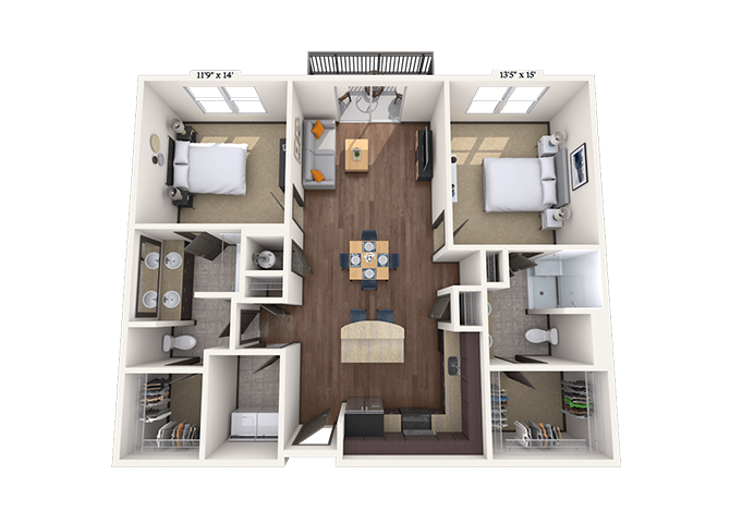 Floor plan for 2 beds, 2 baths, 1245 sqft
