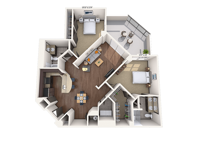 Floor plan for 2 beds, 2 baths, 1337 sqft