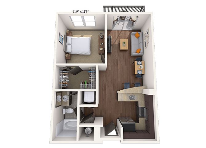 Floor plan for 1 bed, 1 bath, 744 sqft