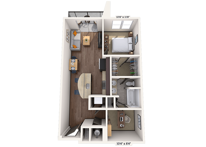 Floor plan for 1 bed, 1 bath, 871 sqft