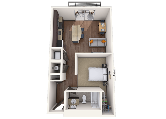 Floor plan for studio, 1 bath, 653 sqft