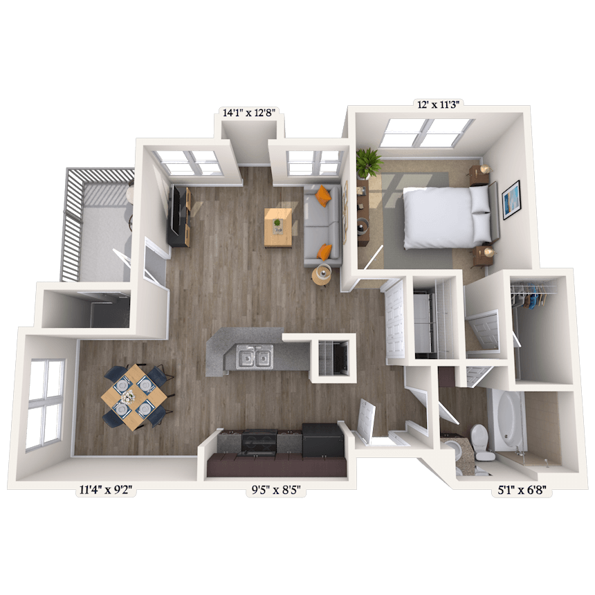 Floor plan for 1 bed, 1 bath, 708 sqft