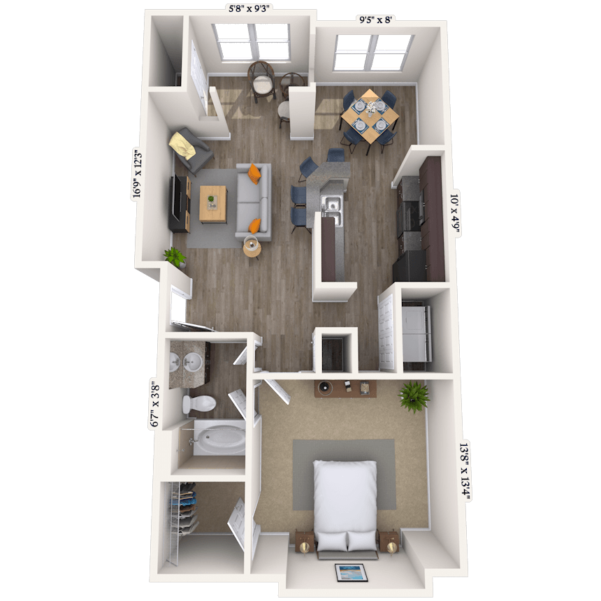Floor plan for 1 bed, 1 bath, 761 sqft