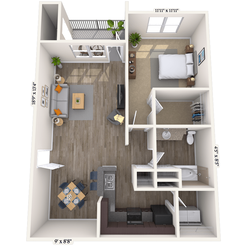 Floor plan for 1 bed, 1 bath, 783 sqft