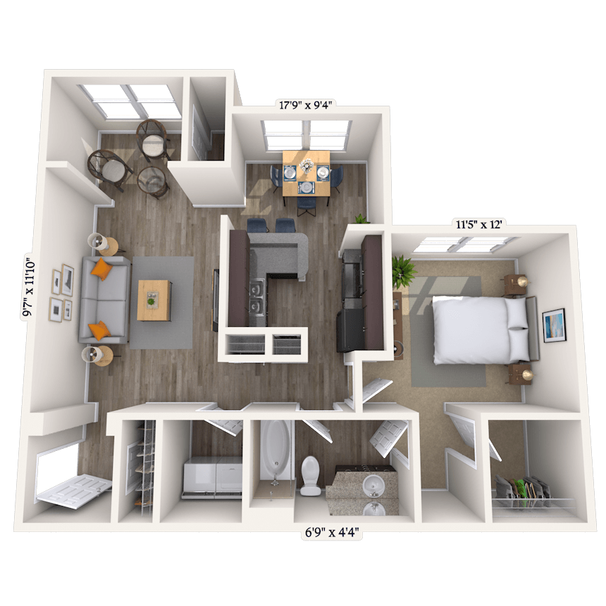 Floor plan for 1 bed, 1 bath, 800 sqft