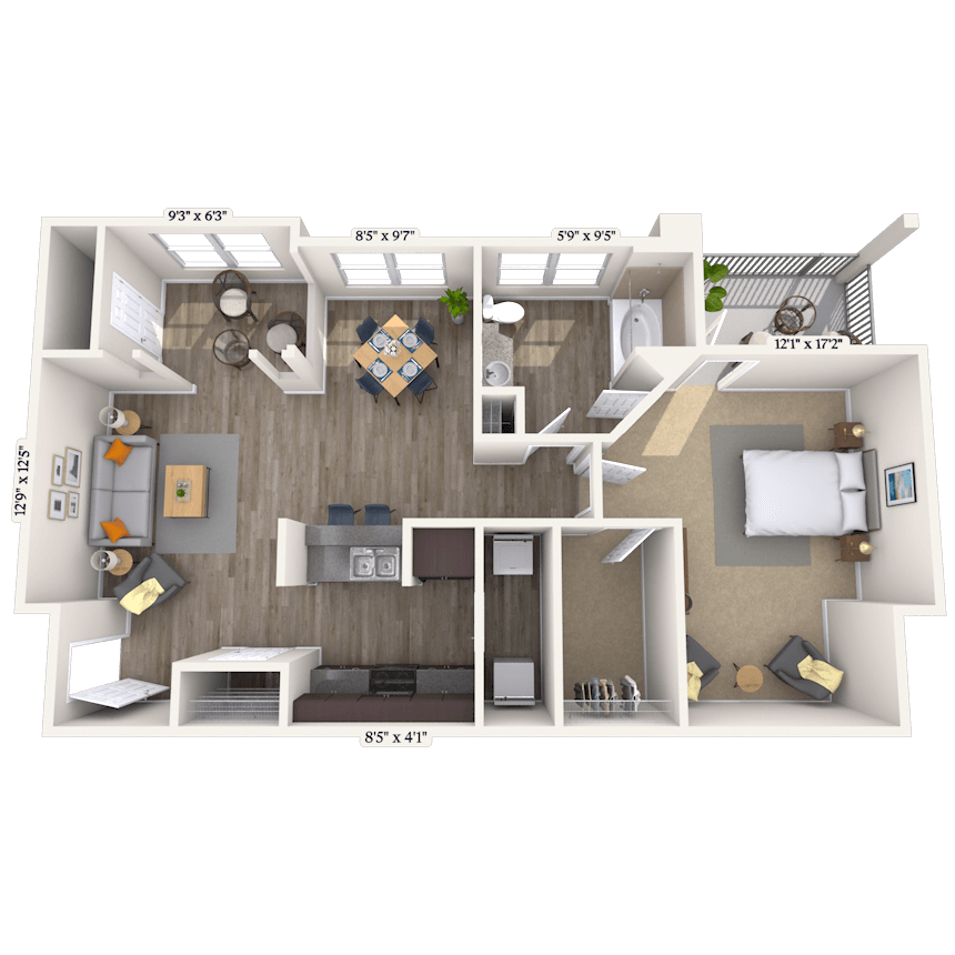 Floor plan for 1 bed, 1 bath, 896 sqft