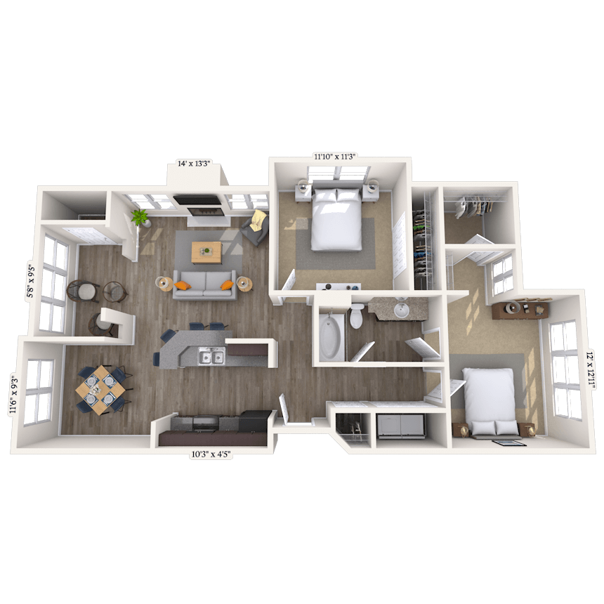 Floor plan for 2 beds, 1 bath, 1070 sqft