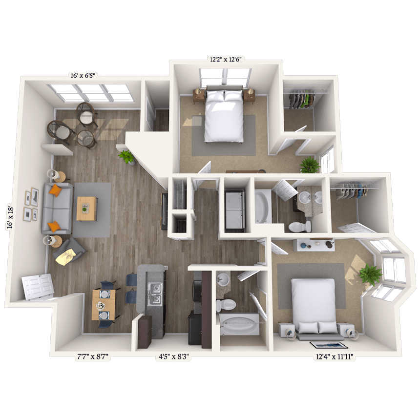 Floor plan for 2 beds, 2 baths, 1018 sqft