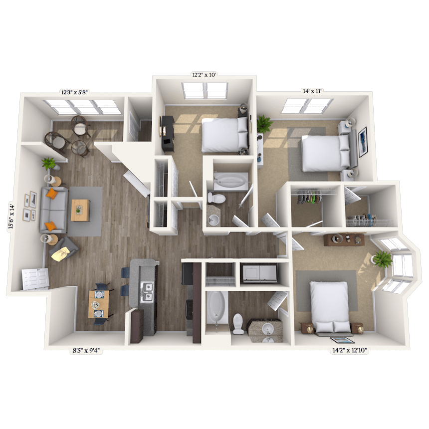 Floor plan for 3 beds, 2 baths, 1329 sqft