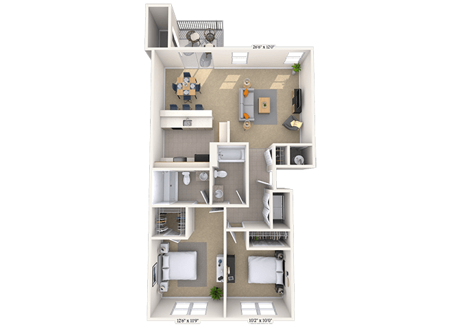 Floor plan for 2 beds, 2 baths, 987 sqft