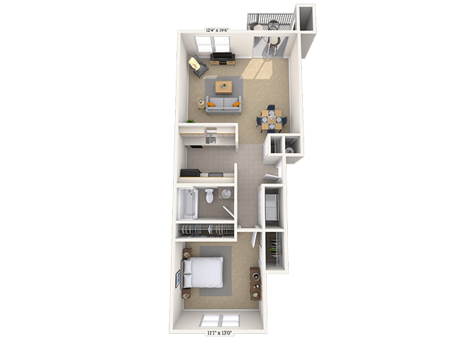 Floor plan for 1 bed, 1 bath, 708 sqft