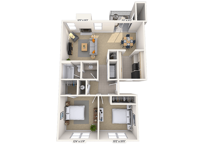 Floor plan for 2 beds, 1 bath, 875 sqft
