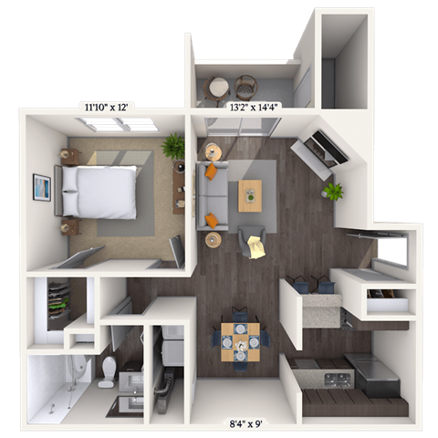 Floor plan for 1 bed, 1 bath, 694 sqft