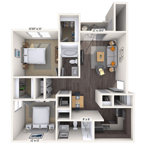 Floor plan for 2 beds, 2 baths, 938 sqft