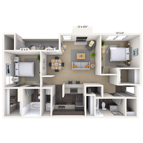 Floor plan for 2 beds, 2 baths, 1008 sqft