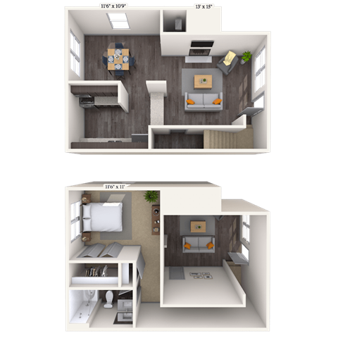 Floor plan for 1 bed, 1 bath, 725 sqft