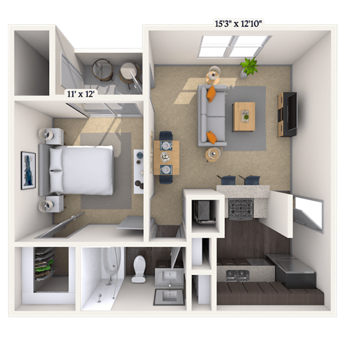 Floor plan for 1 bed, 1 bath, 568 sqft
