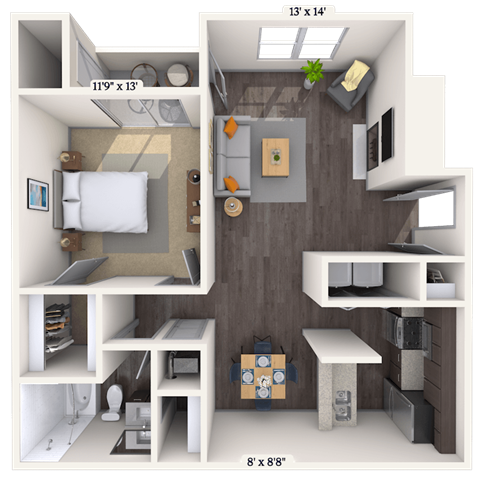 Floor plan for 1 bed, 1 bath, 765 sqft