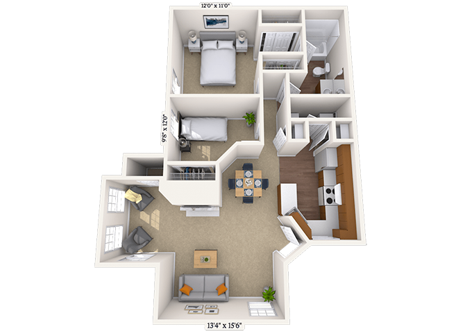 Floor plan for 2 beds, 1 bath, 908 sqft