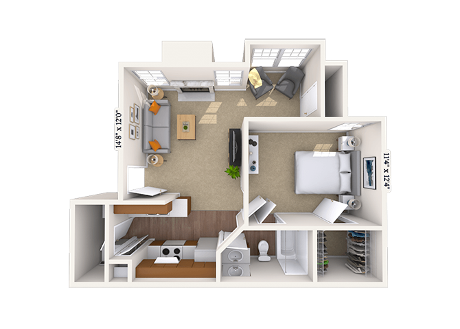 Floor plan for 1 bed, 1 bath, 624 sqft