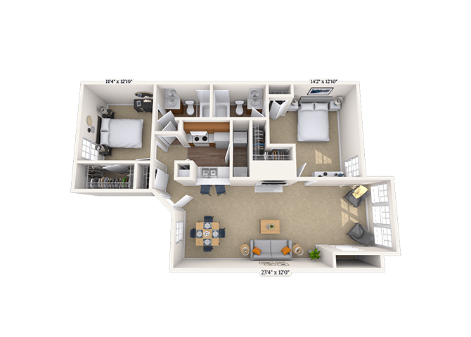 Floor plan for 2 beds, 2 baths, 1067 sqft