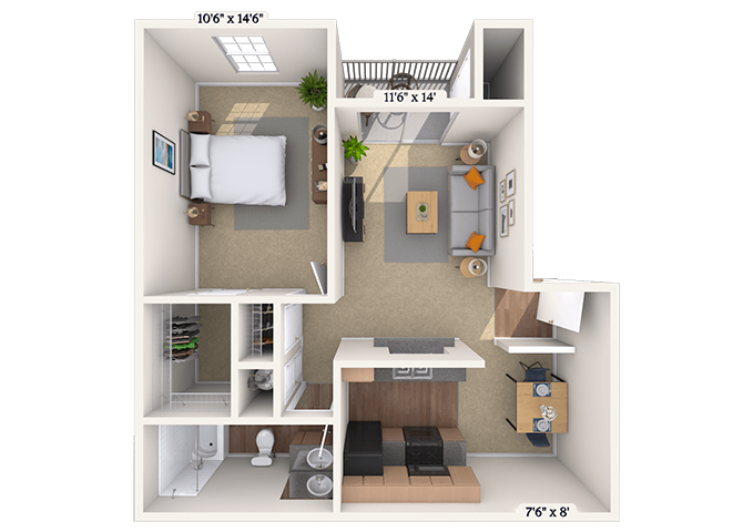 Floor plan for 1 bed, 1 bath, 685 sqft