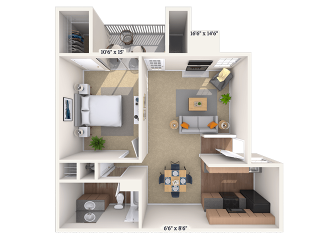 Floor plan for 1 bed, 1 bath, 800 sqft
