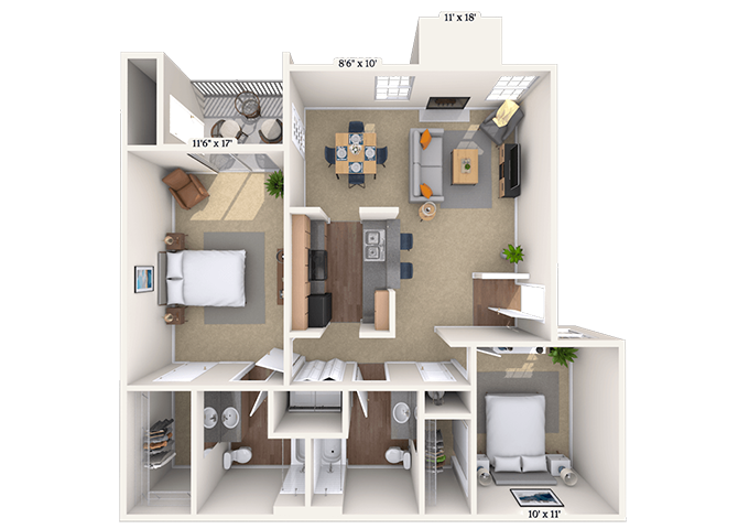 Floor plan for 2 beds, 2 baths, 1050 sqft