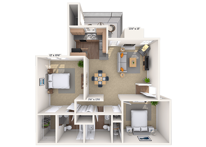 Floor plan for 2 beds, 2 baths, 1150 sqft