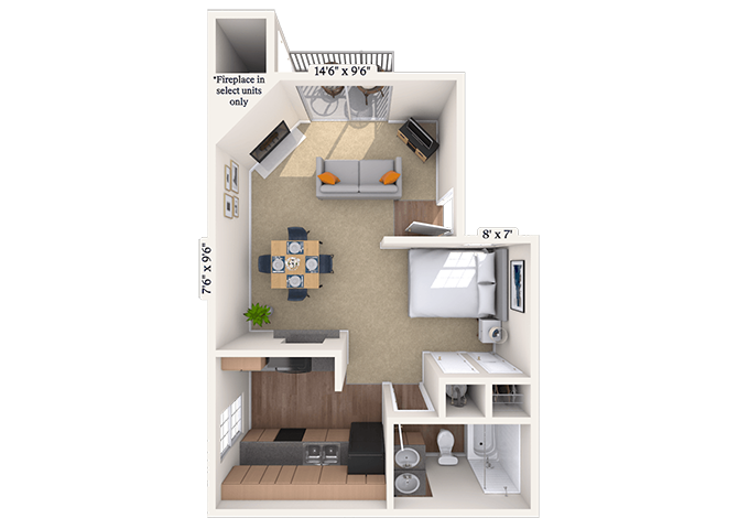 Floor plan for studio, 1 bath, 500 sqft