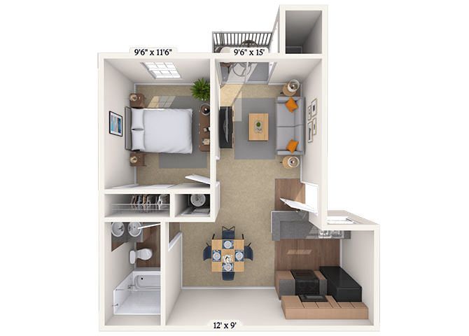 Floor plan for 1 bed, 1 bath, 575 sqft