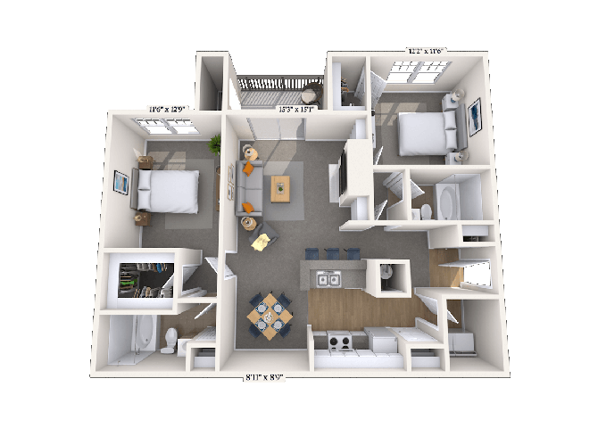 Floor plan for 2 beds, 2 baths, 1185 sqft