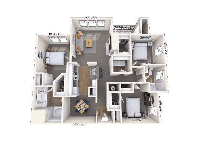 Floor plan for 3 beds, 2 baths, 1428 sqft