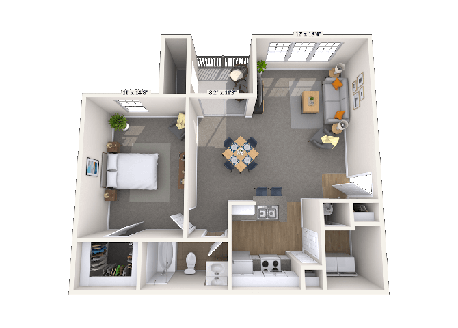 Floor plan for 1 bed, 1 bath, 823 sqft