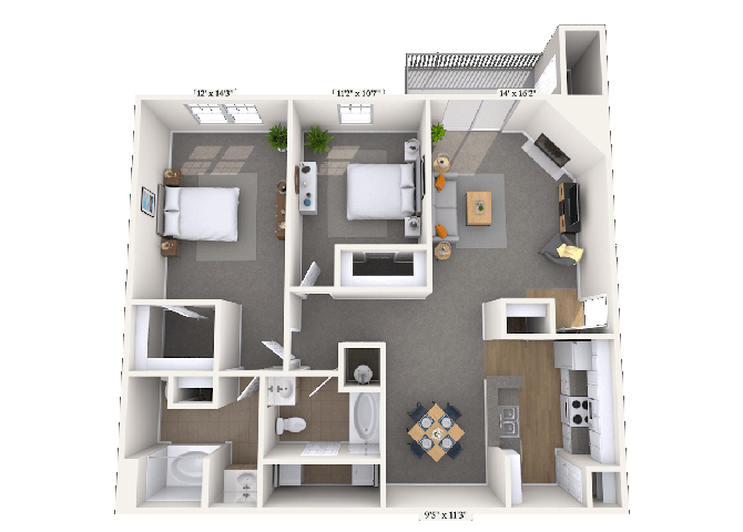 Floor plan for 2 beds, 2 baths, 1237 sqft