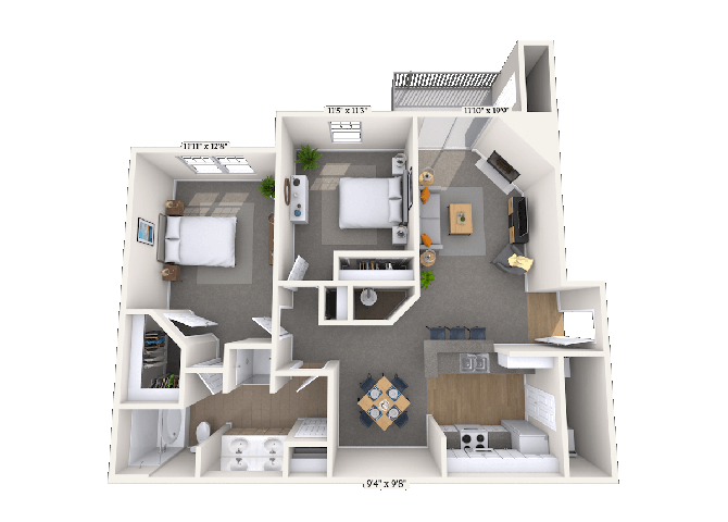 Floor plan for 2 beds, 1 bath, 1139 sqft