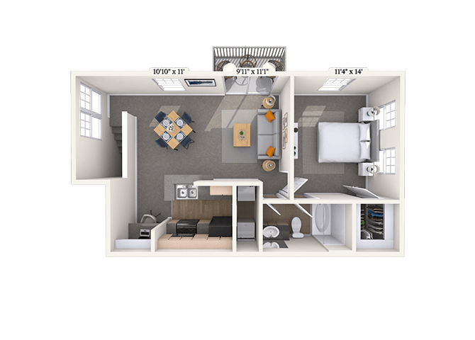 Floor plan for 1 bed, 1 bath, 766 sqft