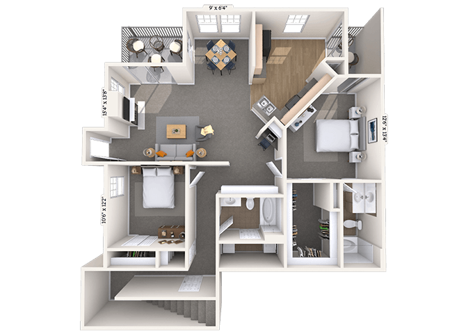 Floor plan for 2 beds, 2 baths, 1305 sqft