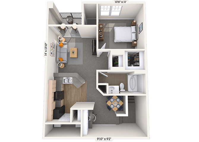 Floor plan for 1 bed, 1 bath, 836 sqft