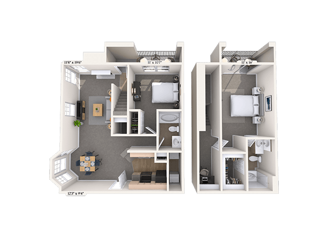 Floor plan for 2 beds, 2 baths, 1330 sqft
