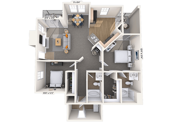 Floor plan for 2 beds, 2 baths, 1191 sqft