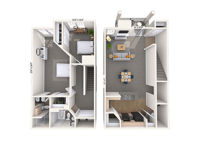 Floor plan for 2 beds, 2.5 baths, 1291 sqft