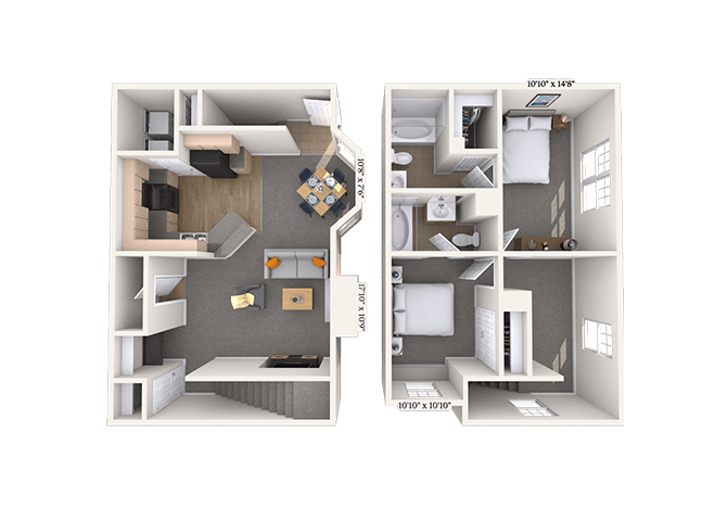 Floor plan for 2 beds, 2 baths, 1290 sqft