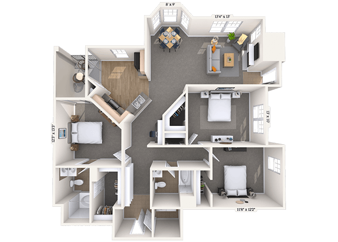 Floor plan for 3 beds, 2 baths, 1349 sqft