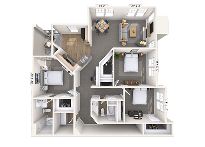 Floor plan for 3 beds, 2 baths, 1451 sqft