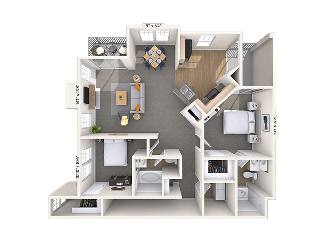 Floor plan for 2 beds, 2 baths, 1233 sqft