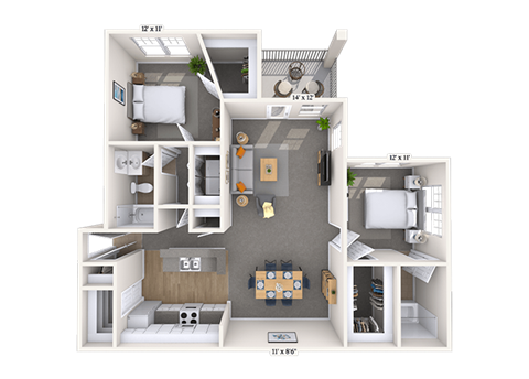 Floor plan for 2 beds, 2 baths, 1050 sqft